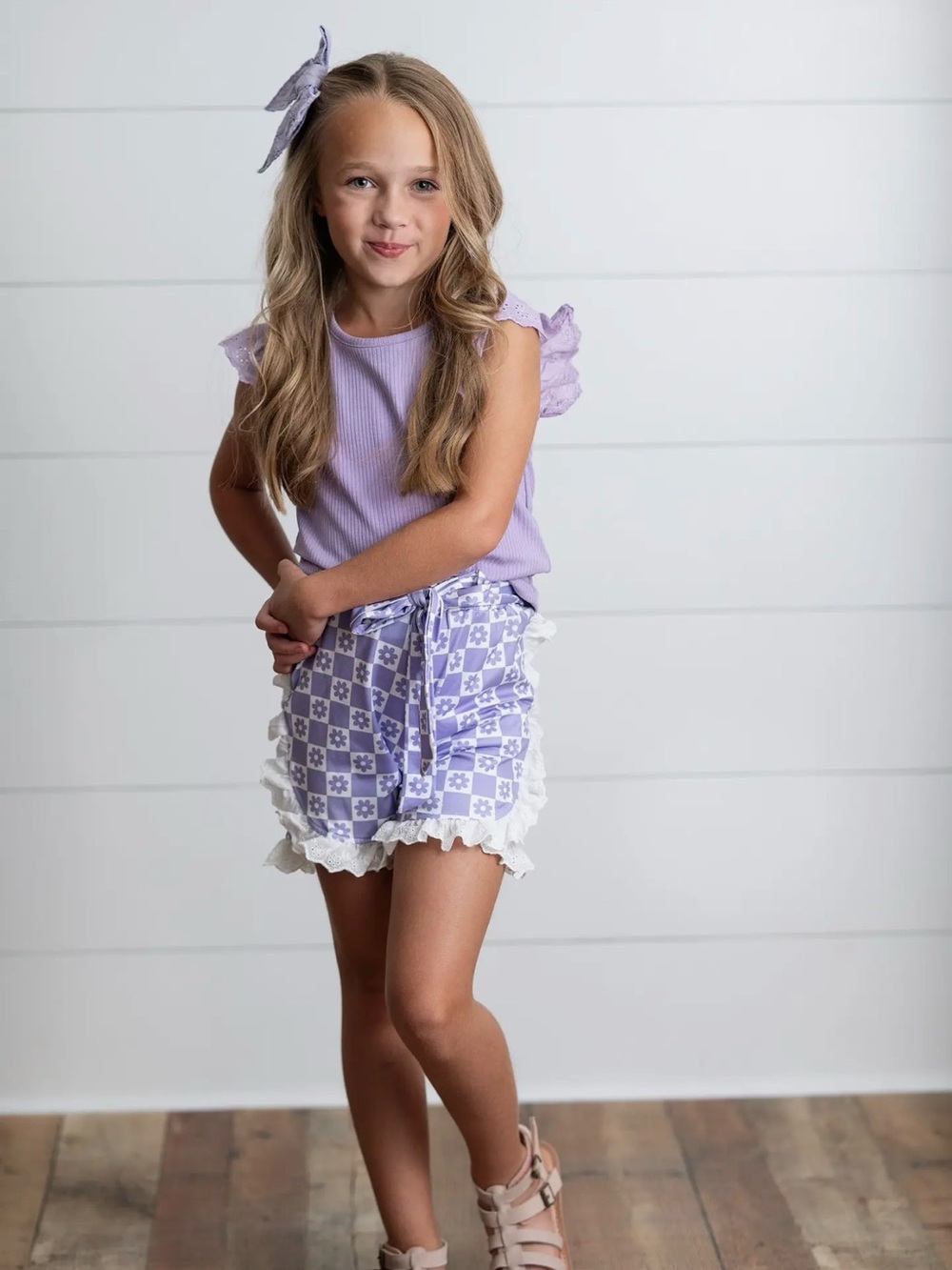 Oopsie Daisy Girls Lavender Checkered Lace Ruffle Summer Short Set